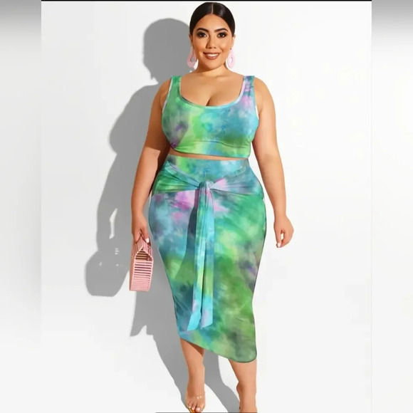 Plus Size Tie Dye Tank Top & High Waist Pencil Skirt Set - Picture 1 of 7